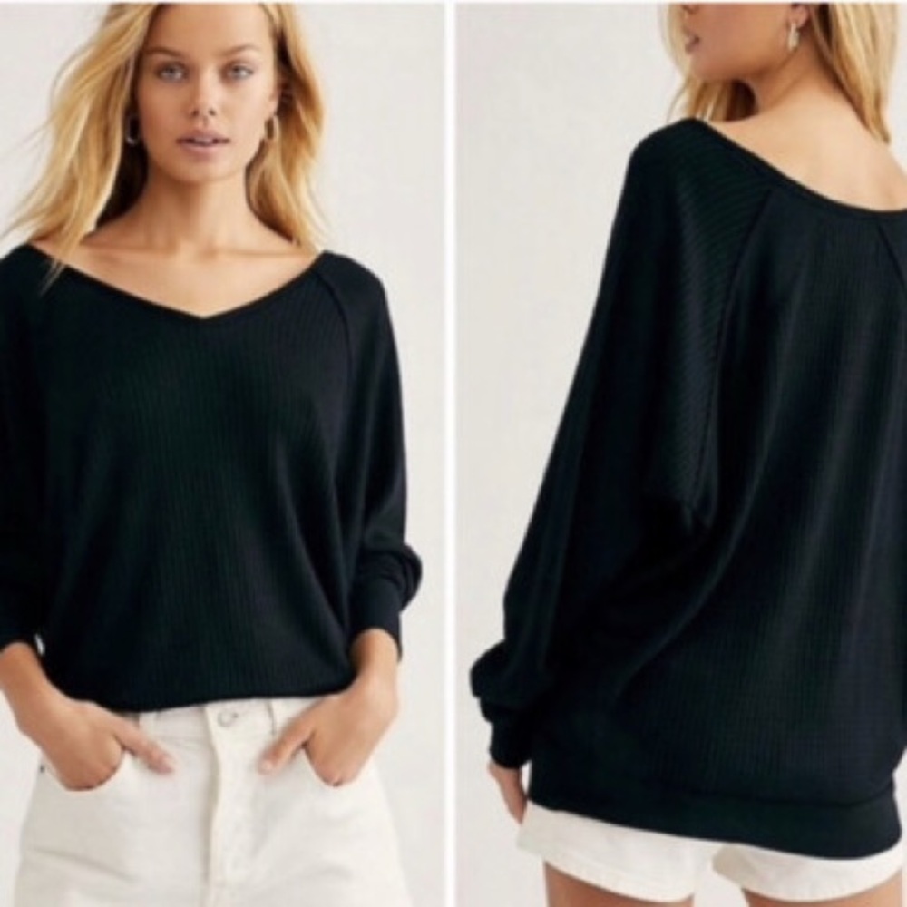 NWT Free People We The Size S Black Santa Clara Thermal Top Long Sleeve V Neck - Picture 2 of 8